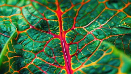 Aufkleber - Vivid macro close-up of a green tropical leaf showcasing intricate textures, veins, and vibrant chlorophyll patterns.