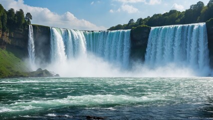 Poster - Majestic Waterfall Cascading Into Lush River Surrounded By Greenery And Misty Spray Ideal For Nature and Travel Themed Content