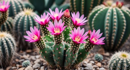 Wall Mural - Mammillaria cactus with vibrant pink flowers surrounded by various cacti in a desert landscape perfect for home decoration and gardening.