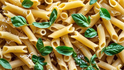 Poster - Classic Italian Pasta Texture with Fresh Basil Leaves for Culinary Background