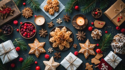 Aufkleber - Festive Holiday Table Arrangement with Cookies Candles and Gifts Creating a Cozy Atmosphere for Seasonal Celebrations and Text Space