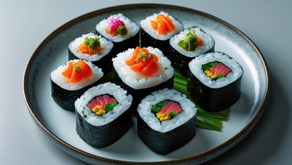 Poster - Colorful Sushi Rolls Displayed on a Fine Plate with Light Gray Background and Space for Text to Highlight Culinary Artistry and Design.