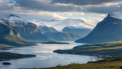 Aufkleber - Breathtaking view of Hjorundfjord surrounded by majestic Alps near Trandal capturing serene waters and snow-capped peaks in summer light.