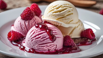 Aufkleber - Delicious ice cream scoops with raspberry jam and fresh berries served on a white plate showcasing a tempting dessert presentation.