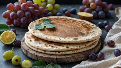 Poster - Flatbreads served with fresh grapes and citrus, showcasing a rustic and colorful meal setup on a wooden board with natural elements.