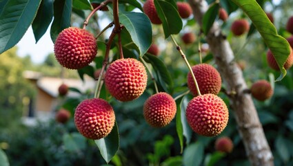 Wall Mural - Ripe Lychee Fruits Hanging From A Tree With Vibrant Red Skin Surrounded By Green Leaves In A Garden Setting