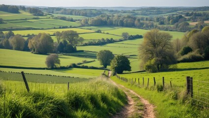 Aufkleber - Lush Green Countryside Landscape with Scenic Fields and Meadow Path Under Clear Blue Sky in Springtime Natural Environment