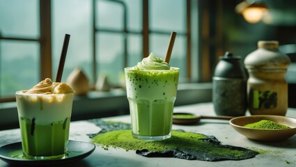 Aufkleber - Refreshing Ice Matcha Green Tea Latte with Condensed Milk and Empty Space for Custom Text in a Cozy CafÃ© Setting