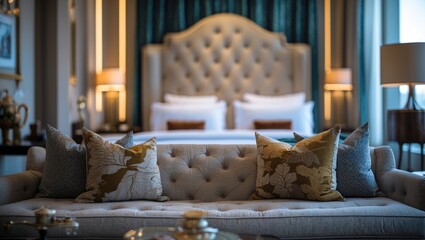 Aufkleber - Elegant hotel room interior featuring a plush couch adorned with decorative pillows and a stylish headboard in a blurred background.