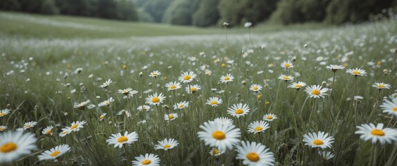 Aufkleber - Serene Daisy Meadow in Bloom with Abundant Greenery and Space for Text Overlay