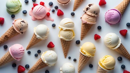 Poster - Assorted Ice Cream Cones with Fresh Berries on White Background Colorful Summer Treats for Dessert Lovers and Healthy Eating Enthusiasts