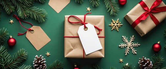 Poster - Christmas gift box with blank tag surrounded by festive decorations on green background perfect for holiday greeting card design.
