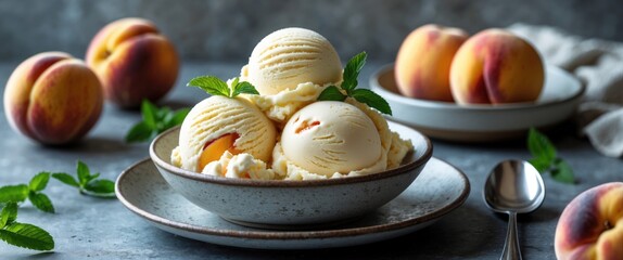 Aufkleber - Delicious Homemade Peach Ice Cream Served in Bowl Garnished with Fresh Mint Leaves and Surrounded by Ripe Peaches on Rustic Table.