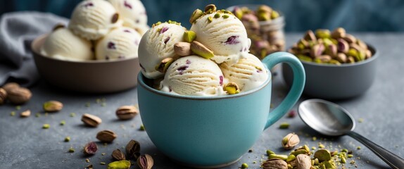 Aufkleber - Pistachio Ice Cream Scoops in a Mug with Nuts on a Gray Surface and Empty Space for Text or Branding