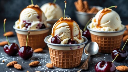 Aufkleber - Delicious Homemade Caramel Ice Cream Served with Cherries and Almonds in Waffle Cups on a Rustic Background