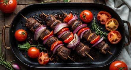 Poster - Grilled Meat Skewers with Onions and Tomatoes in Rustic Tray Fresh Ingredients with Empty Space for Text Top View Culinary Delicacy
