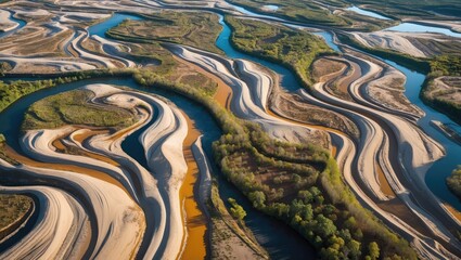 Poster - Aerial view of meandering rivers and streams showcasing intricate sediment patterns and lush vegetation in the Northern rivers region.