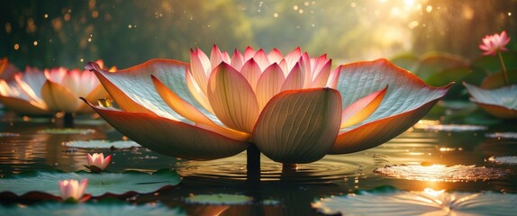 Poster - Beautiful giant Amazon water lily flowers and leaves in serene pond at sunrise creating a tranquil natural scene.