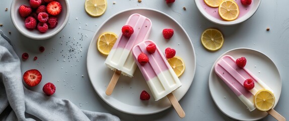 Aufkleber - Homemade Yogurt Ice Pops Garnished with Fresh Berries and Lemon Slices on White Plate Over Light Gray Table with Copy Space for Text
