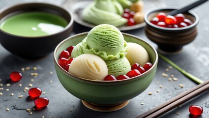 Poster - Japanese green tea ice cream with mochi and sweet red bean served in a bowl alongside matcha tea and red jelly garnishes