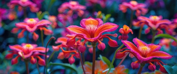 Poster - Vibrant Ixora flowers in full bloom showcasing stunning hues of orange and pink against a lush green backdrop in a tropical garden setting.