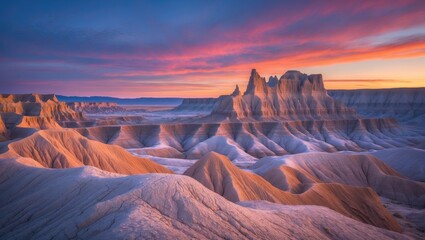 Aufkleber - Majestic badlands landscape illuminated by twilight hues showcasing dramatic textures and formations under a vibrant sky at sunset