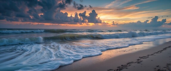 Sticker - Serene Long-Exposure Seascape Capturing Gentle Waves on Sandy Beach at Sunset with Dramatic Clouds and Ample Space for Text Overlay