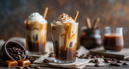 Aufkleber - Iced Caramel Coffee with Whipped Cream and Sauces on Rustic Table with Coffee Beans and Empty Space for Custom Text
