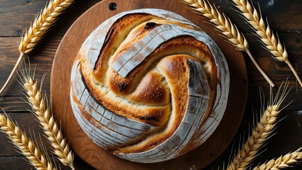 Poster - Artisan round bread with decorative scoring on a wooden board surrounded by wheat ears viewed from above.