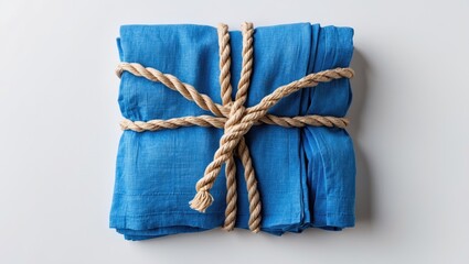 Fototapete - Folded blue cloth secured with rope on a white background showcasing textile detail and vibrant color isolated for design purposes.