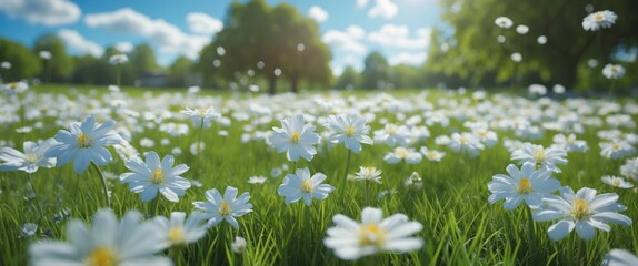 Poster - Bright Summer Landscape with Abundant White Flowers in a Green Grass Park Under a Clear Blue Sky and Wispy Clouds. Natural Beauty Scene.