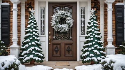 Poster - Festive winter entrance with snow-covered decorations and evergreen trees flanking a welcoming wooden door adorned with a wreath.