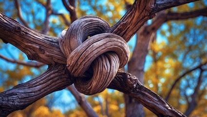 Aufkleber - Intricate knot of aged dry tree branches showcasing unique wooden texture amidst a backdrop of vibrant autumn foliage.