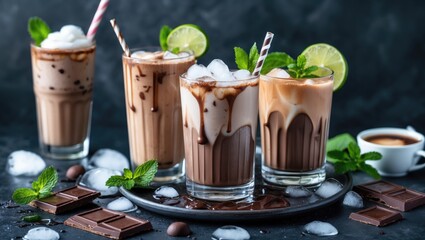 Aufkleber - Chilled Iced Chocolate Cocktails with Mint and Lime Garnish on Dark Background Refreshing Summer Drink Collection with Ice and Chocolate Slices