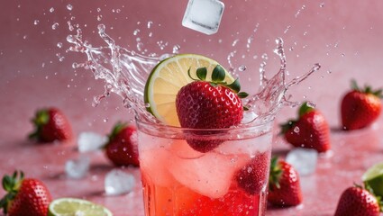 Poster - Refreshing summer cocktail with splashes of strawberry lemonade, garnished with lime and strawberries, showcasing vibrant colors and textures.