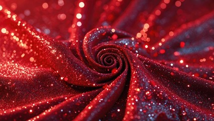 Fototapete - Sparkling red fabric with glittering texture creating a swirling pattern that captures light and adds vibrant elegance to designs.