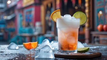 Poster - Refreshing cocktail with ice garnished with citrus slices and empty space for text in an inviting bar setting.