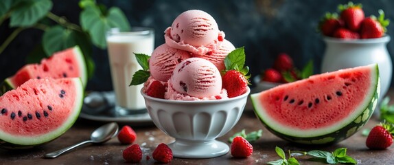 Aufkleber - Refreshing Watermelon Ice Cream Served with Fresh Berries and Milk on a Table Garnished with Mint Leaves and Sliced Watermelon