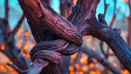 Leinwandbilder - Intricate knot of aged tree branches showcasing rustic wooden texture and warm bokeh background for nature and abstract themes.