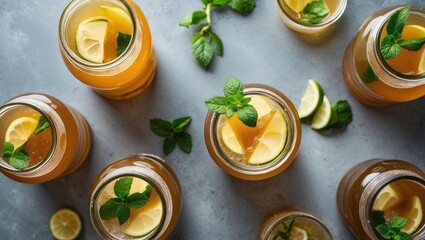 Aufkleber - Refreshing Homemade Fermented Kombucha in Glass Jars with Mint and Lemon Garnish on Gray Table Top Viewed from Above
