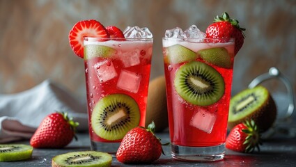 Poster - Refreshing Italian soda with kiwi and strawberry garnished with ice cubes in two glasses. Perfect summer beverage for all occasions.