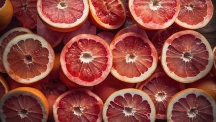 Leinwandbilder - Vibrant Red Grapefruits Sliced Open Showcasing Juicy Interior on Dark Background for Fresh Produce or Healthy Eating Concepts