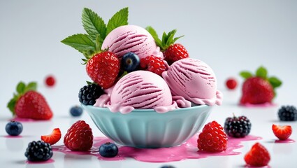 Aufkleber - Delicious Ice Cream Served with Fresh Berries and Mint Leaves in a Stylish Bowl on a Bright White Background