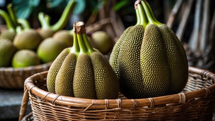 Poster - Fresh ripe jackfruits in a woven basket surrounded by green foliage showcasing tropical fruit abundance and natural textures.