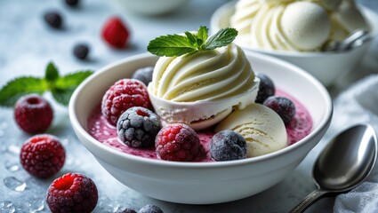 Aufkleber - Delicious Ice Cream Dessert with Frozen Berries and Mint in a White Bowl Surrounded by Fresh Fruits and Soft Focus Background.