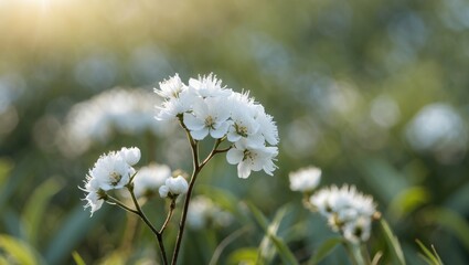 Wall Mural - Delicate white flowers in soft sunlight creating a serene atmosphere in a lush green field showcasing nature's beauty.