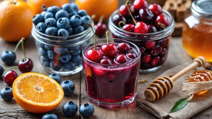 Poster - Healthy breakfast ingredients with blueberries, cherries, cranberries, orange slices, honey, and refreshing cranberry drinks in jars.