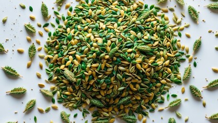 Poster - Nutrient-rich hemp seeds scattered on a white surface showcasing their vibrant colors and textures in a top view composition.