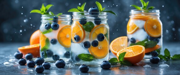 Aufkleber - Refreshing Detox Water with Orange Blueberry and Mint in Glass Jars, Ideal for Summer Cocktails and Healthy Hydration