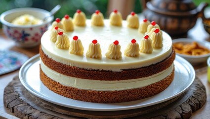 Poster - Layered Sarawak cake with cream frosting and decorative toppings served on a wooden platter, perfect for festive occasions.
